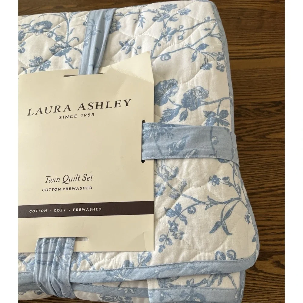 Laura Ashley Twin Quilt Sham Set Cotton Blue White Floral Dorm Room Cottagecoore